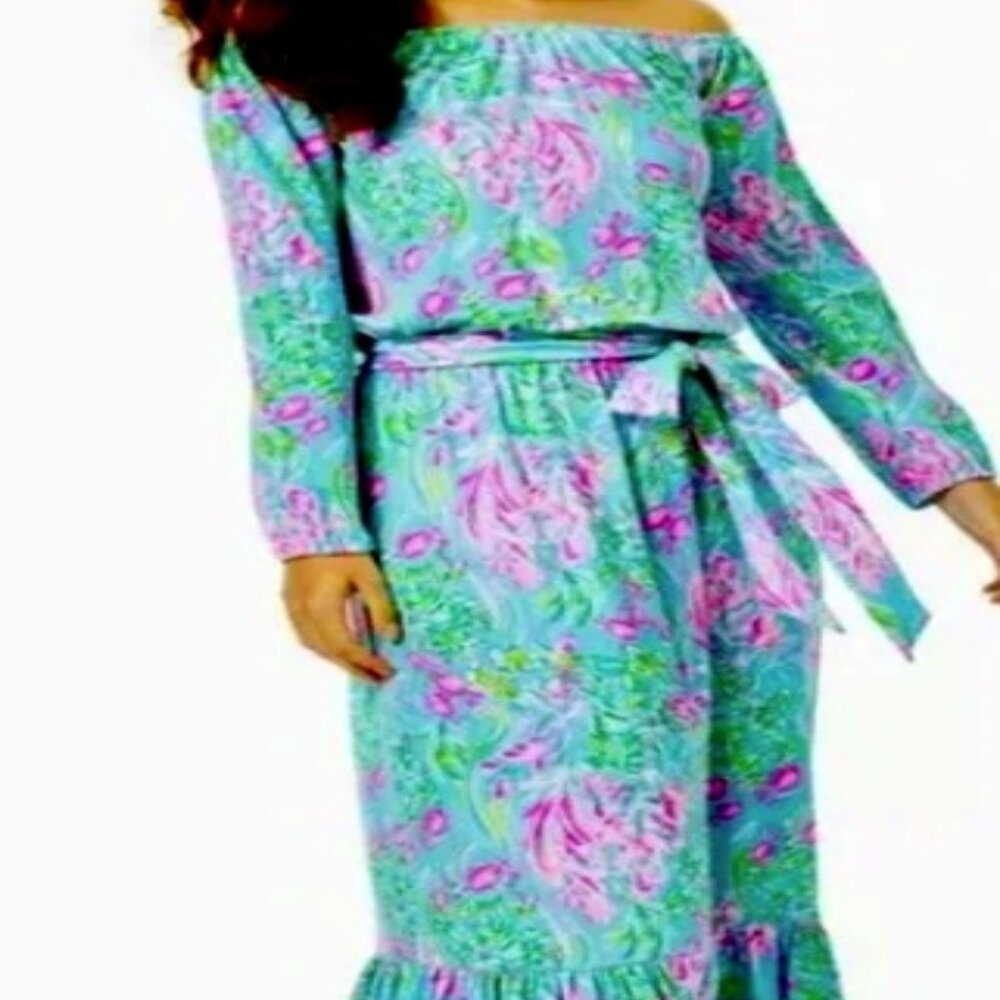 Lilly Pulitzer Odella Off-The-Shoulder Maxi Dress Amalfi Blue Best Fishes
